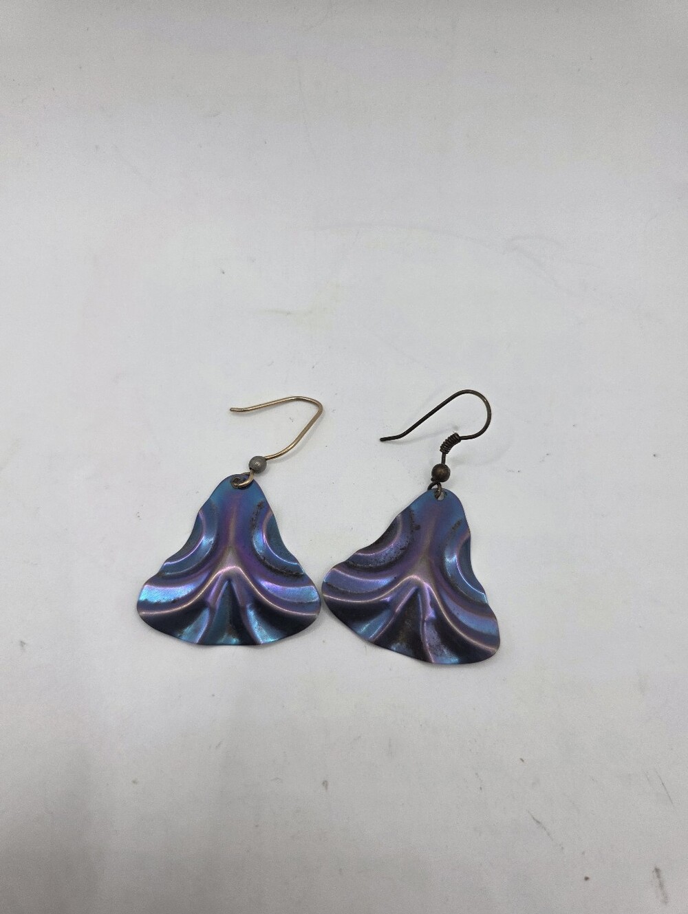 VTG Artisan Heat Patina Anodized Niobium Titanium Wavy Dangle Earrings OOAK
